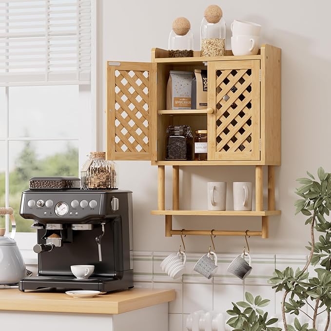 AmazerBath Bathroom Wall Cabinets, Bamboo Medicine Cabinet with Grille Door, Over The Toilet Storage Cabinet with Towel Bar, Wall Mounted Cabinet with Adjustable Shelves for Small Spaces