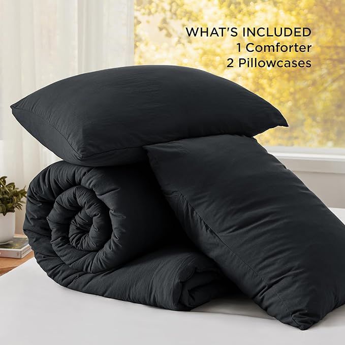 Bedsure Oversized Queen Comforter Set, Black Soft Prewashed Bed Comforter for All Seasons, 3 Pieces Warm Bedding Sets, 1 Lightweight Comforter (98"x98") and 2 Pillowcases (20"x26")