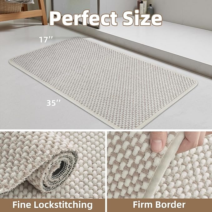 PADOOR-Bath Mat-Super Absorbent Chenille Bathroom Mats-Rubber Backed Bath Mats for Bathroom Non Slip, Easy Clean Bathroom Rugs Front of Bathtub,Shower Room,Sink-17×35, Beige&Cream