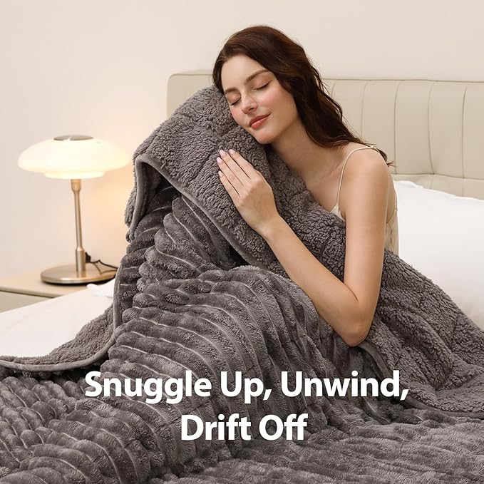 Sherpa Fleece Weighted Blanket with 3D Ribbed Stripes, 12 lbs Soft Flannel Heavy Throw Blanket for Couch Bed Sofa, Heavy Thick Blankets with Ceramic Beads, Great for Sleep, 48" x 72"