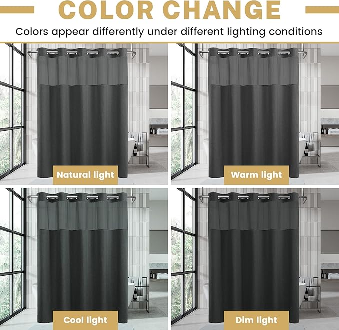 Small No Hook Shower Curtain with Snap in Liner, Polyester Textured Shower Curtain with Liner Set, Waterproof Washable Hotel Style Shower Curtains for Bathroom, 54Wx80H, Charcoal Grey