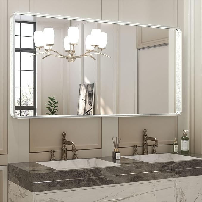 TETOTE 48 x 24 Inch Brushed Silver Frame Mirror, Bathroom Vanity Mirror for Wall, Modern Rectangle Round Corner Matte Framed Mirror (Horizontal/Vertical)