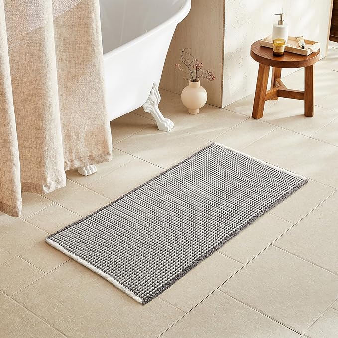 Waffle Bath Mat, Boho Bathroom Rugs Non Slip Washable Super Absorbent Quick Dry Bath Mat Farmhouse Bathroom Decor, 48"x24" Grey and White