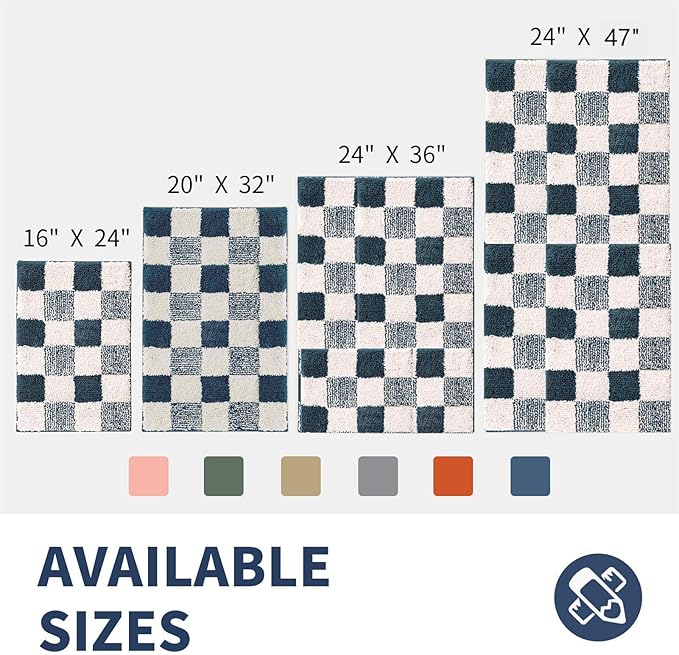CozeCube Bath mats for Bathroom Non Slip, Fluffy Absorbent Microfiber Bath mat Washable, Aesthetic Bathroom Rugs, Long Navy Blue Checkered Bath mat, Navy Blue, 47" x 24"