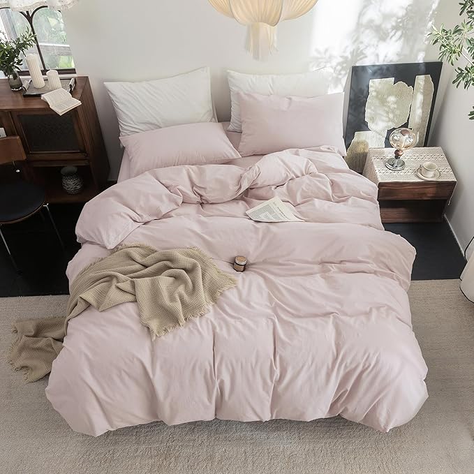 FOSSA Duvet Cover Set 100% Washed Cotton Linen Feel Super Soft Breathable Cozy 3 Pieces Bedding Sets Solid Greyish Pink Oversized King Plus