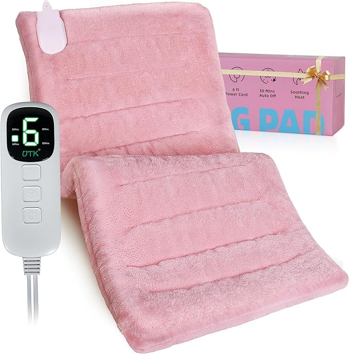 UTK XL Heating Pad for Back, Electric Heat Pad for Period Cramps Pain Relief, Soft Thicken Flannel Fabric Machine Washable, Birthday Gifts for Women Mom, 6 Heat Settings & Auto-Off, 12" x 24"(Pink)