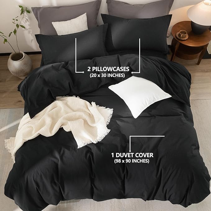 Black Duvet Cover Super Queen Size 100% Washed Cotton Bedding Set Cover 1 Duvet Cover with Zipper Closure and 2 Pillowcases, 98inch x 90inch