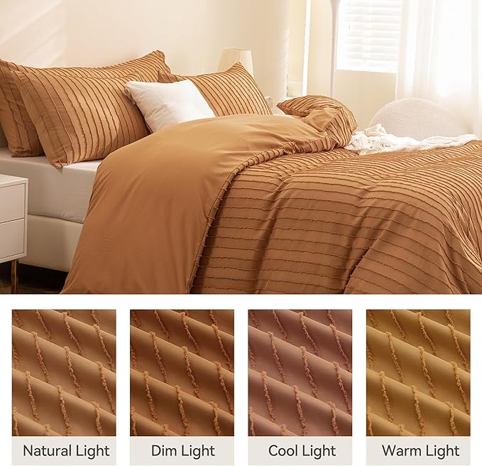 JELLYMONI Duvet Cover King Size Rust - 3PCS Boho Striped Duvet Cover Set Polyester Tufted Bohemian Textured Comforter Cover 104×90in with Corner Ties & Zipper and 2 Pillowcases