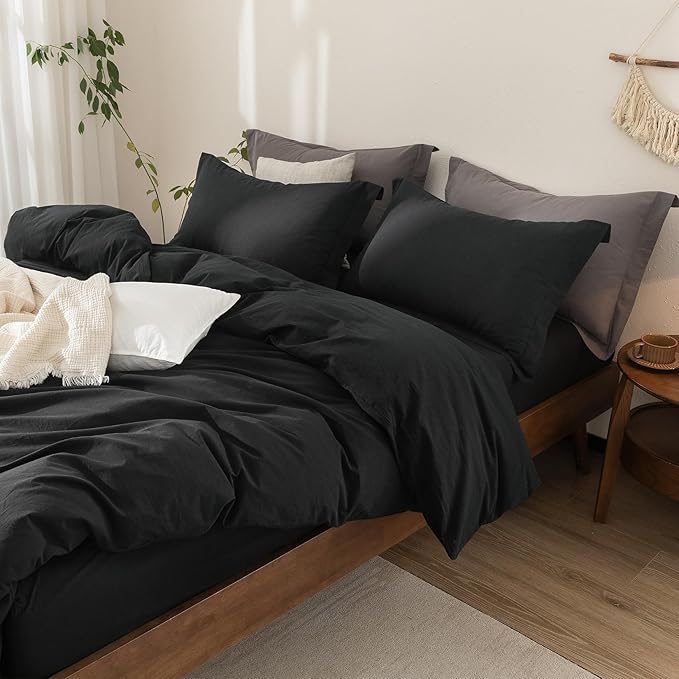 Black Duvet Cover Queen Size 100% Washed Cotton Bedding Set Cover 1 Duvet Cover with Zipper Closure and 2 Pillowcases, 90inch x 90inch