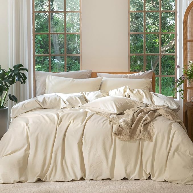 MooMee Bedding Duvet Cover Set 100% Washed Cotton Linen Like Textured Breathable Durable Soft Comfy (Heathered Almond Milk Grey, Alaska King 132"x120")