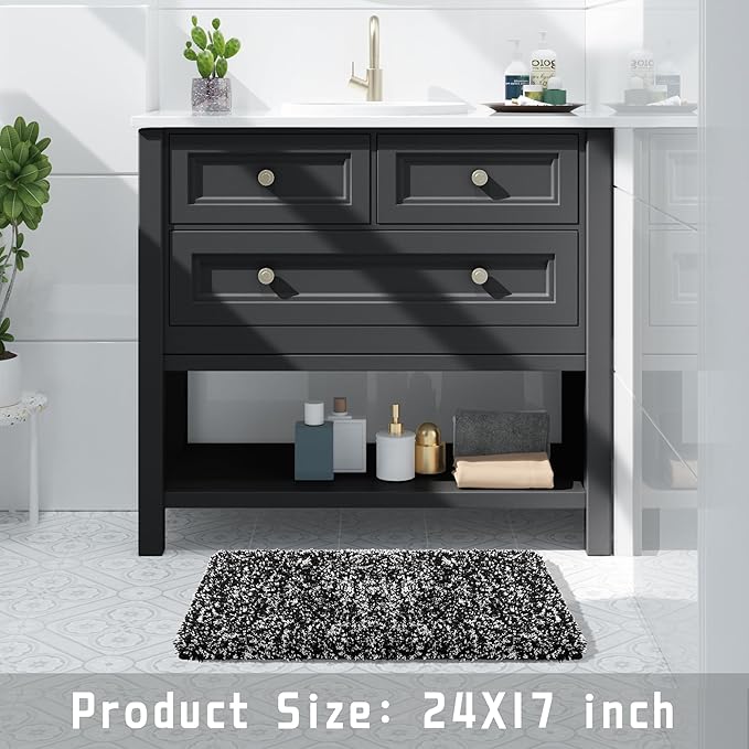 Yimobra Black and White Bathroom Rugs Non Slip Washable, Ultra Soft and Water Absorbent Bath Mats, Plush Fluffy Shower Mat Outside, Microfiber Thick Matts for Bathroom Floor/Sink, 24x17