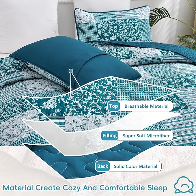 Mybedsoul Teal Blue Quilt Set King Size 3 Pieces Boho Plaid Turquoise Floral Bedspread Set Microfiber Lightweight Bohemian Bedding Bedspread Coverlet Set for All Season 90"x104"