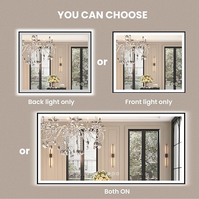 Amorho 28"x 36" LED Bathroom Mirror with Black Frame, Front Light and Backlit(Controlled Separately), Stepless Dimmable, Anti-Fog, Shatter-Proof, 3 Colors, Memory
