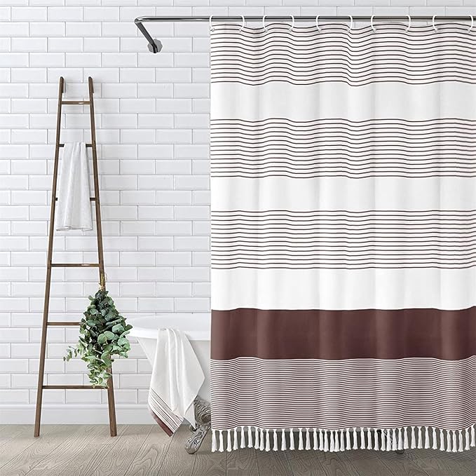 Awellife Boho Dark Brown Shower Curtain for Bathroom Stripe Tassel Shower Curtain 72 X 72 Inches Farmhouse Cotton