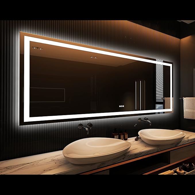 Amorho LED Bathroom Mirror 84" X32" with Front and Backlight, Large Dimmable Wall Mirrors with Anti-Fog, Shatter-Proof, Memory, 3 Colors, Double LED Vanity Mirror