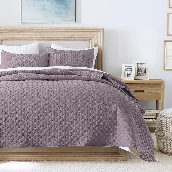 HORIMOTE HOME Quilt Queen Size Grayish Purple, Lightweight Quilt for Summer Ultra-Soft Microfiber Modern Style Quilted Clouds Pattern Bedspread Quit Set 3 Pieces(1 Quilt and 2 Pillow Shams)