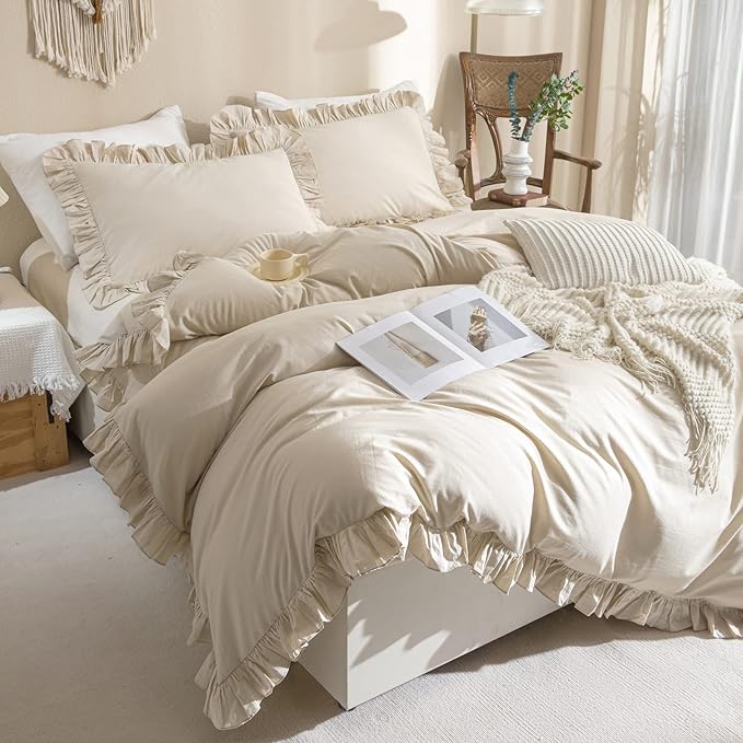 QSH Washed Cotton Queen Duvet Cover Set Ruffle Duvet Cover Linen Textured Farmhouse Shabby Vintage Chic Bedding Comforter Cover 3 Pieces Aesthetic French Country Queen Bed Set