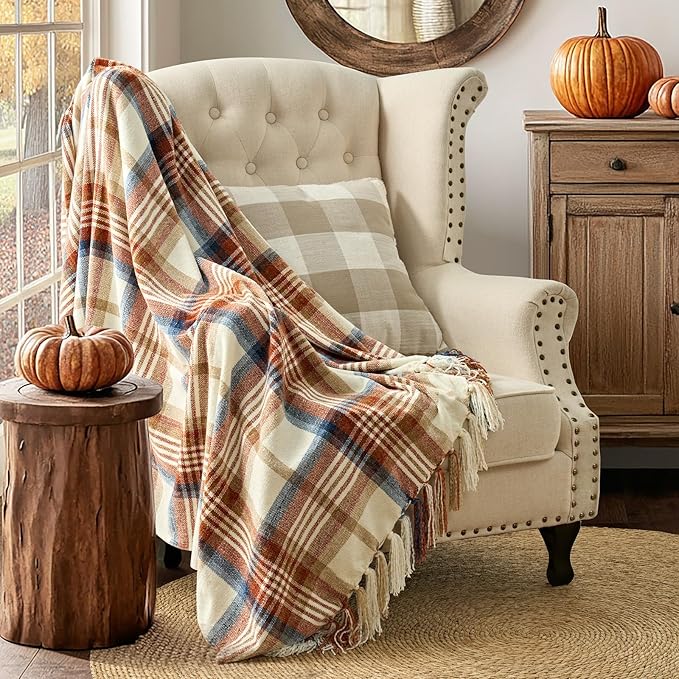 EVERGRACE Plaid Chenille Throw Blanket for Couch, Super Soft Cozy Decorative Fall Throw Blanket with Tassels for Bed Sofa Farmhouse Decor, Lightweight Harvest Plaid Throw Blanket for Autumn, 60"x80"
