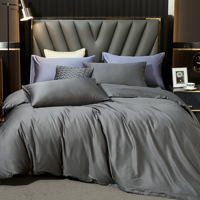 MooMee Duvet Cover Set 100% Extra Long Staple Cotton 600 Thread Count Silky Sateen Smooth Luxury Soft Breathable Durable Hotel Quality Bedding, 3 Pieces (Dark Gray, Oversized Queen 98"x98")