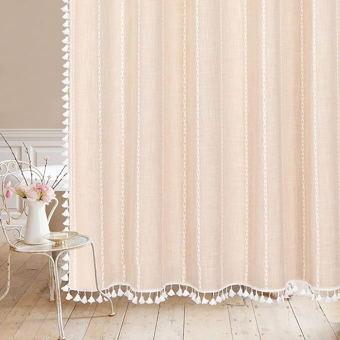 MitoVilla Boho Extra Long Shower Curtain 72 x 84, Beige 84 inch XL Polyester Linen Fabric Shower Curtain Set with Tassel for Vintage Country Farmhouse Bathroom Decor, Thick & Wrinkle Resistant, Cream