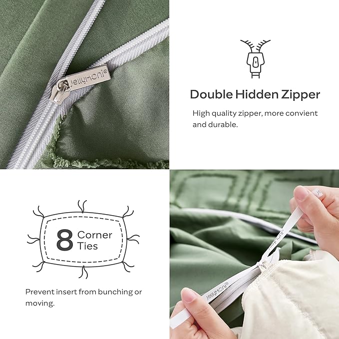 JELLYMONI Duvet Cover Twin Size Green - 3PCS Boho Duvet Cover Set Plaid Polyester Tufted Bohemian Jacquard Knit Textured Comforter Cover 68×90in Rhombic Geometric Pattern Corner Ties & Zipper