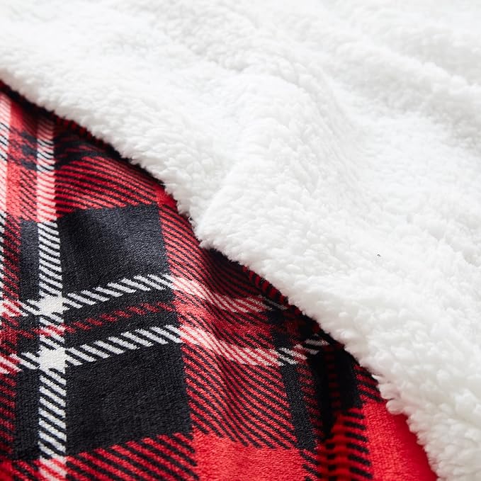 SOCHOW Sherpa Plaid Fleece Throw Blanket, Double-Sided Super Soft Luxurious Bedding Blanket 90 x 90 inches, Red/Grey