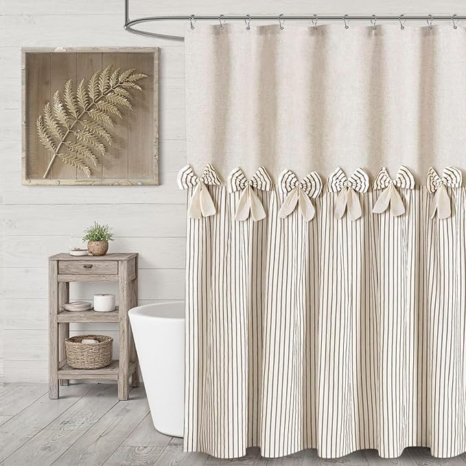 Farmhouse Shower Curtain Linen Beige Bow Woven Fabric Country Rustic Western, Pleated Brown Stripe 72" W x 78" L