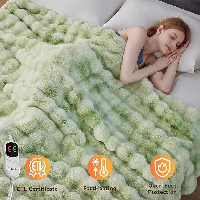 Heated Blanket Throw with 1/2/4/6/8 Hours Auto-Off 10 Heat Level, 72'' * 84'' Cozy Faux Rabbit Fur Bubble Electric Blanket with Overheat Protection(Tie-Dye Green)
