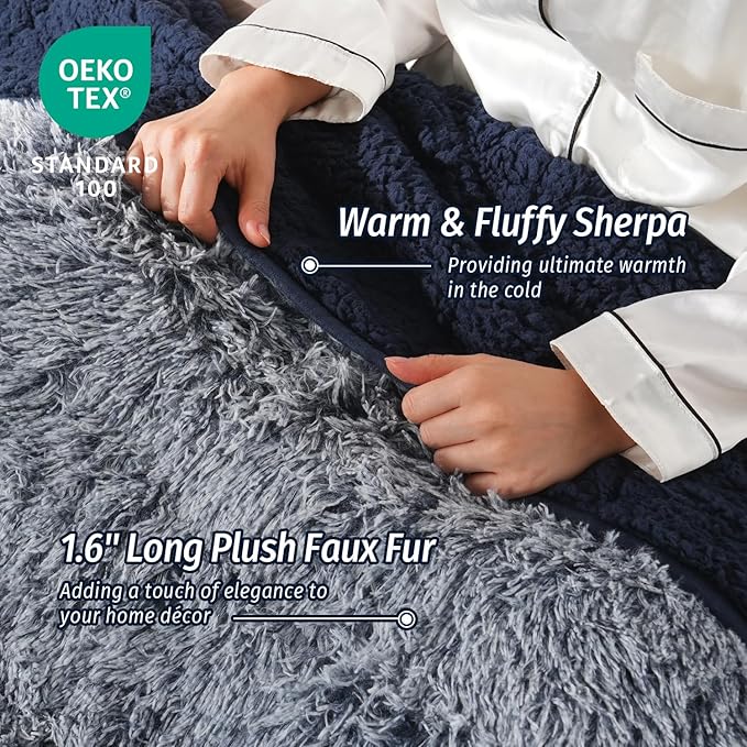 Wemore Shaggy Long Fur Faux Fur Weighted Blanket, Cozy and Plush Sherpa Long Hair Blanket for Adult 15lbs, Fluffy Fuzzy Sherpa Reverse Heavy Blanket for Bed, Couch, Backprint Navy Blue, 48 x 72 Inches