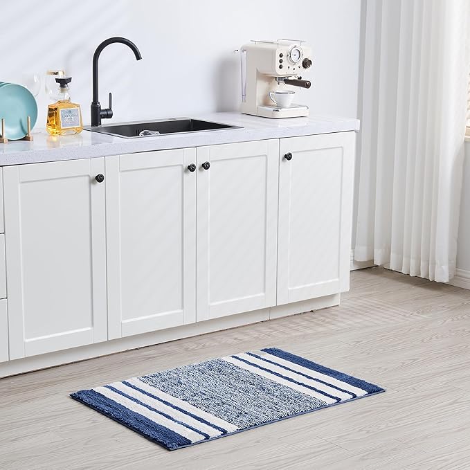 CozeCube Bath mats for Bathroom Non Slip, Fluffy Absorbent Microfiber Bath mat Washable, Aesthetic Bathroom Rugs, Large Navy Blue Striped Bath mat, Navy Blue, 36" x 24"