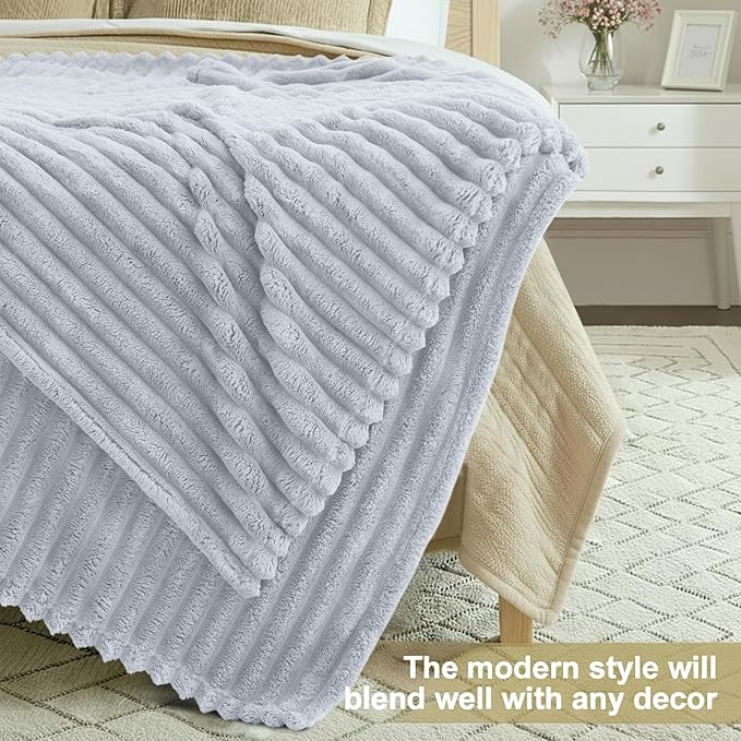 decorUhome Christmas Soft Fleece Light Grey Throw Blanket for Couch, Cozy Fluffy Plush Flannel Striped Blanket for Sofa Bed, Lightweight Decorative Ribbed Fuzzy Blanket for Woman, 50x60 Inches