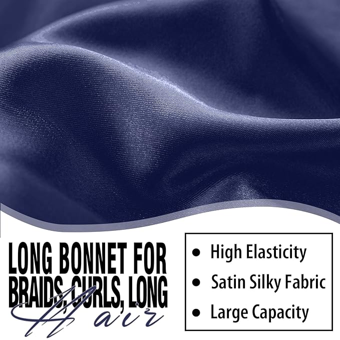 2Pcs Bonnets for Black Women Braid Bonnet, Large Long Satin Bonnet for Braids, Silk Bonnet with Stretchy Tie Band Sleep Cap Hair (2Pcs-Black&Dark Blue)