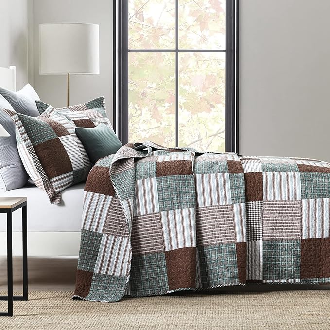 KALOOLA Plaid Queen Size Quilt Set, 100% Cotton Lightweight Quilted Bedspread with 2 Pillowshams for Queen Bed, Farmhouse Printed Bedding Set Coverlet for All Season, 3 Pieces, Brown/Green
