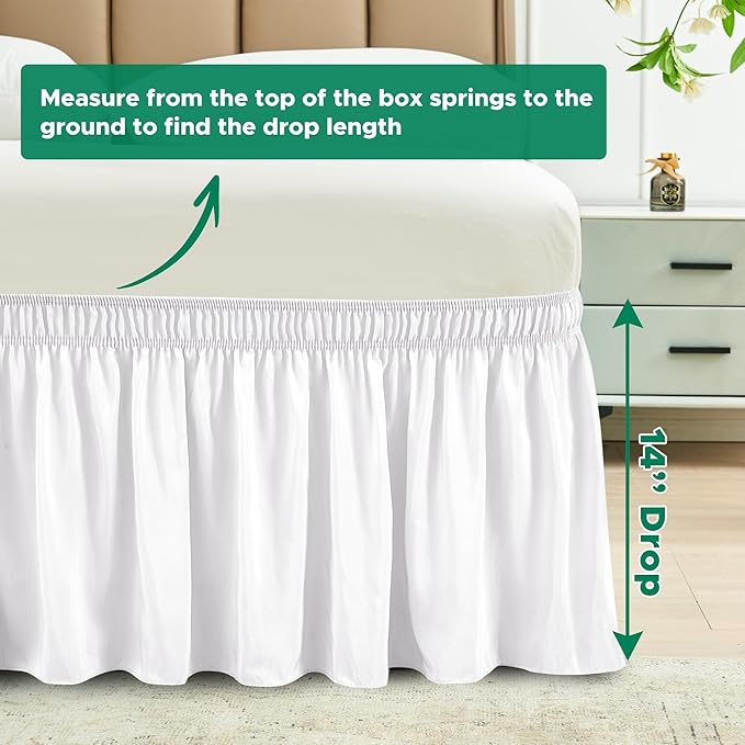 Biscaynebay Wrap Around Bed Skirts for Twin & Twin XL Beds 14" Drop, White Adjustable Elastic Dust Ruffles Easy Fit Wrinkle Resistant Silky Luxurious Fabric Machine Washable