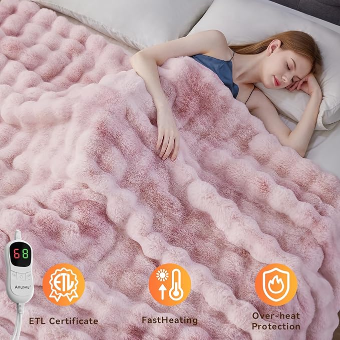 Heated Blanket Throw with 1/2/4/6/8 Hours Auto-Off 10 Heat Level, 50'' * 60'' Cozy Faux Rabbit Fur Bubble Electric Blanket with Overheat Protection(Tie-Dye Pink)