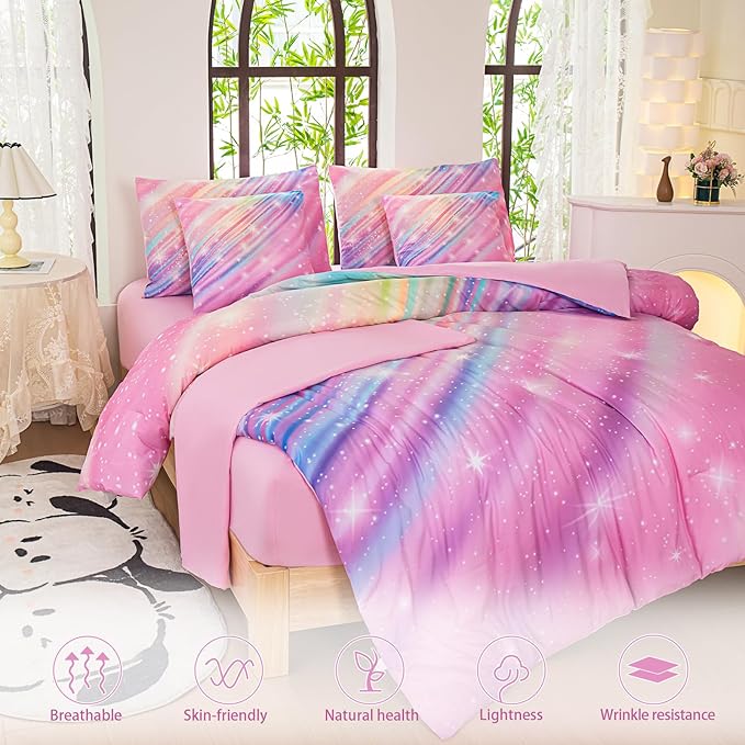 Twin Comforter Set for Girls Galaxy Bedding 7pieces, Ombre Bedding Comforter Sets Rainbow Comforter, Twill Pink