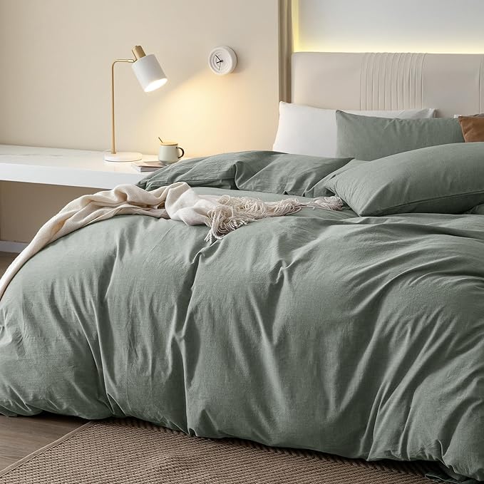 JIYUAN 100% Washed Cotton Duvet Cover Set 3 Pieces King, 1 Duvet Cover 104x90 Inches(Comforter Not Included) and 2 Pillowcases,Linen Feel Bedding Set Comfy and Breathable, Heathered Green