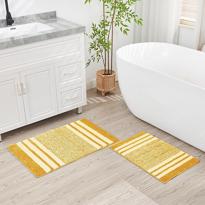 CozeCube Bath mats for Bathroom Non Slip, Fluffy Absorbent Microfiber Bath mat Washable, Aesthetic Bathroom Rugs, Small Harvest Gold Striped Bath mat, Harvest Gold, 24" x 16"
