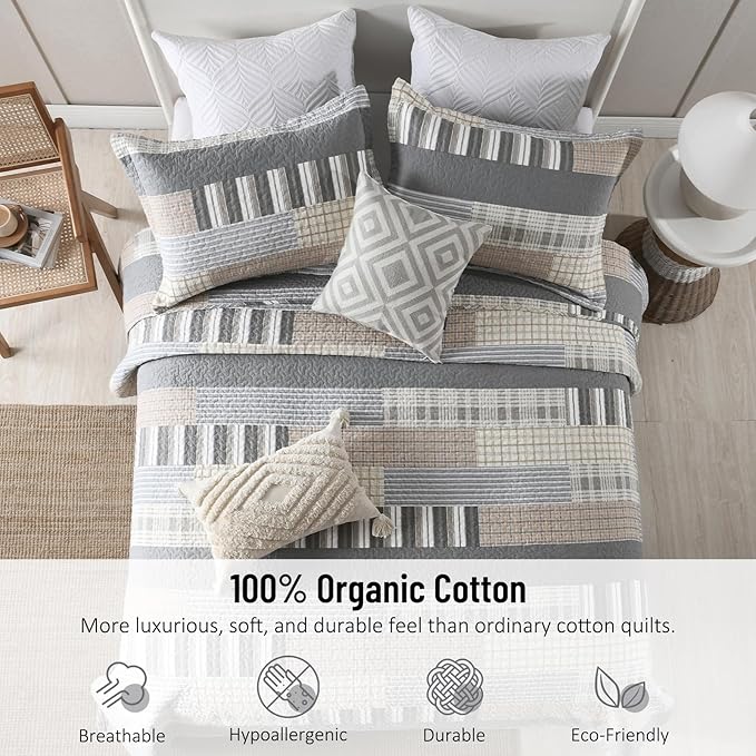 Farmhouse Queen Quilt Set - 100% Cotton Patchwork Striped Plaid Queen Size Quilt Bedspread, Grey Brown Beige Lightweight Reversible Coverlet Bedding Set with 2 Pillow Shams, All Season-98x90