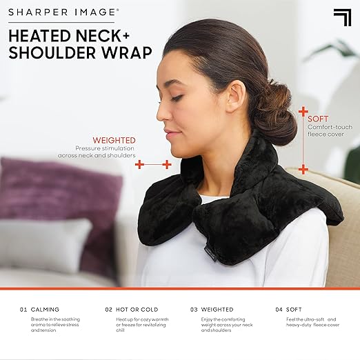Sharper Image Heated Neck & Shoulder Wrap - Microwavable Warm & Cooling Plush Pad, Scented Aromatherapy (100% Natural Lavender & Herb Spa Blend), Pain Tension Headache Relief Therapy, Gift for Women