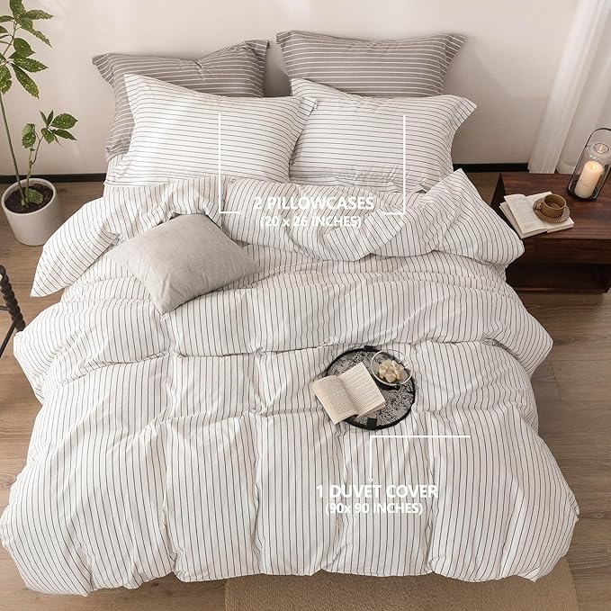 Stripe Duvet Cover Queen Size 90inch x 90inch, 100% Washed Cotton Linen Feel Pinstripe Duvet Cover with Zipper Closure and 2 Pillowcases, Color of White-Dark Grey Stripe