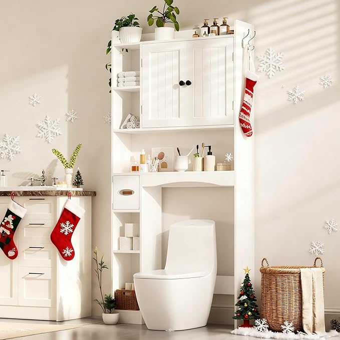 Gizoon Over The Toilet Storage Cabinet, 66''H Over Toilet Bathroom Organizer, Over Toilet Storage Cabinet with 2 Doors, Paper Holder and Racks, Adjustable Shelf, for Bathroom, Laundry, White