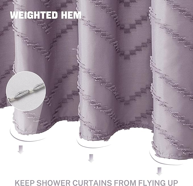 Purple Boho Shower Curtain Woven Fabric Purple Cute Shower Curtain Modern Farmhouse Textured Tufted Chevron Striped Minimalist 72 x 72 Bathroom Shower Curtain