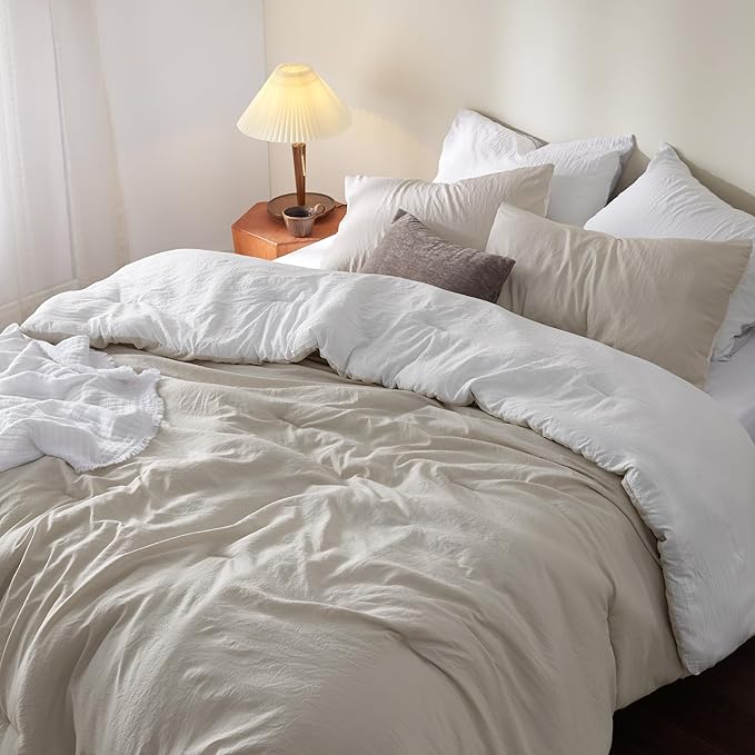 Bedsure Full Size Comforter Set, Reversible Beige Soft Prewashed Bedding for All Seasons, 3 Pieces Warm Down Alternative Bed Set, 1 Lightweight Comforter (82"x86") and 2 Pillowcases (20"x26")