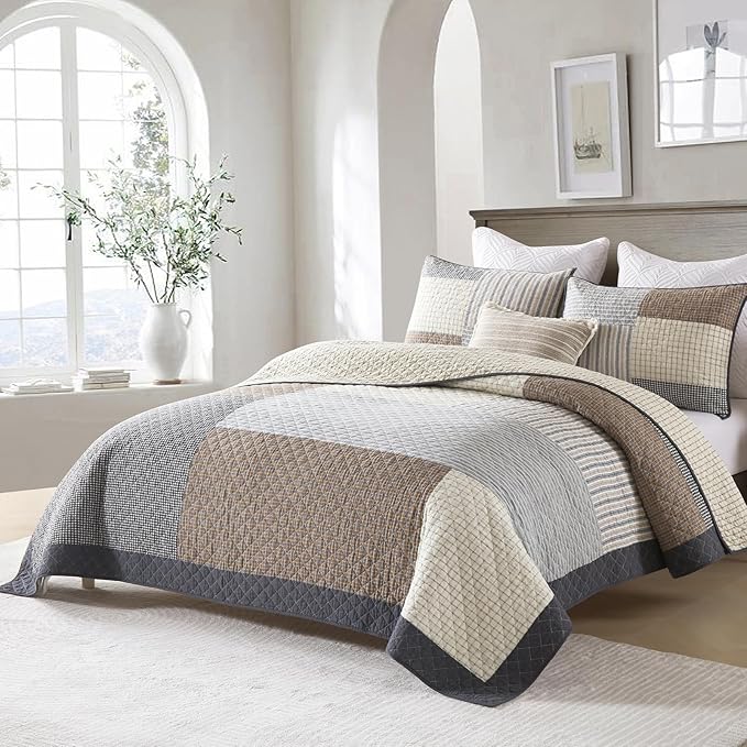 Real-Patchwork Plaid Queen Quilt - 100% Cotton Farmhouse Beige Brown Gray Queen Size Quilts Bedspread, Lightweight Reversible Quilted Coverlet Bedding Set for All Season, 3-Piece(98"x90")