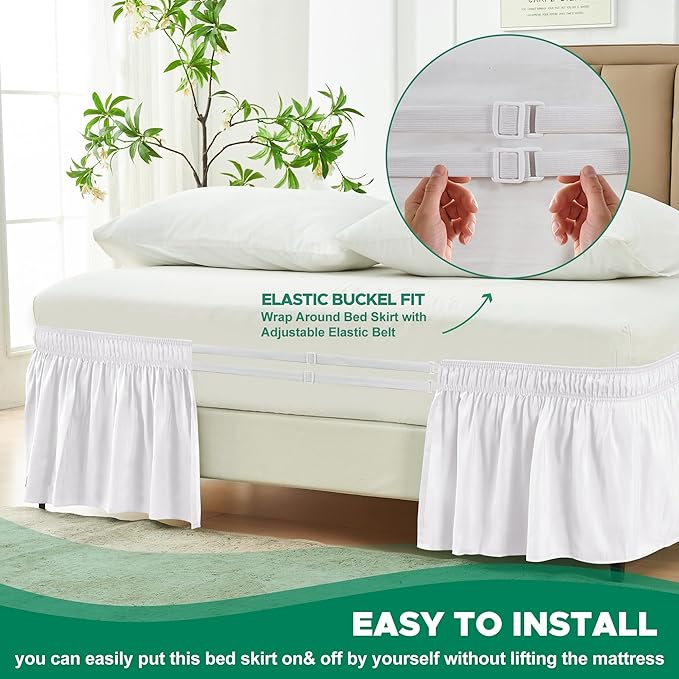 Biscaynebay Wrap Around Bed Skirts for Twin & Twin XL Beds 19" Long Drop, White Adjustable Elastic Dust Ruffles Easy Fit Wrinkle & Fade Resistant Silky Luxurious Fabric Solid Machine Washable
