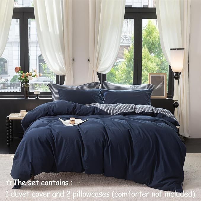 Reversible Duvet Cover Set 100% Washed Cotton Blue Stripe Linen Feel Duvet Cover King Size with Zipper Closure & 2 Pillow Shams,Navy/White Stripe Reverse Solid Navy