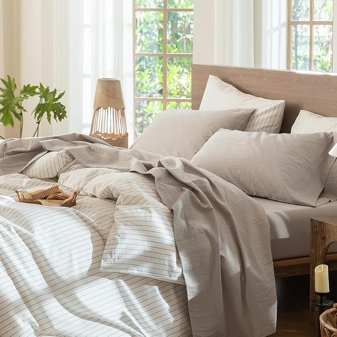 MooMee Bedding Sheet Set 100% Washed Cotton Linen Like Textured Breathable Durable Soft Comfy (Heathered Cream Grey, Queen)