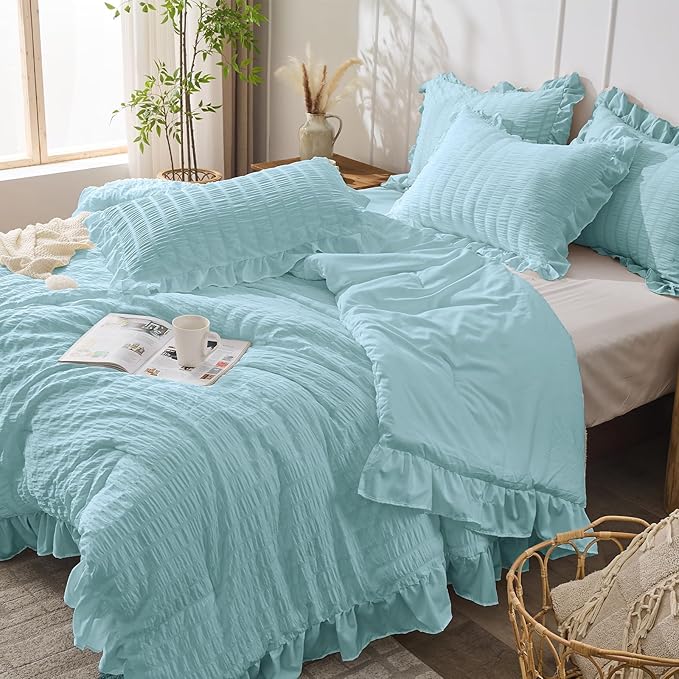 JOLLYVOGUE Light Blue Queen Comforter Set, 3 Pieces Seersucker Comforters Queen Size, Lightweight & Fluffy Bedding Sets for All Season with 1 Ruffle Comforter & 2 Ruffle Pillowshams