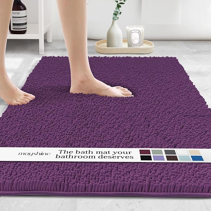 MAYSHINE Plush Shaggy Chenille Bath Mat | Extra Soft, Super Absorbent, Non-Slip Bathroom Rug | Fluffy Microfiber, Area Rug Sets for Bathroom Floor, Kitchen, Living Room | 59"x31" | Plum